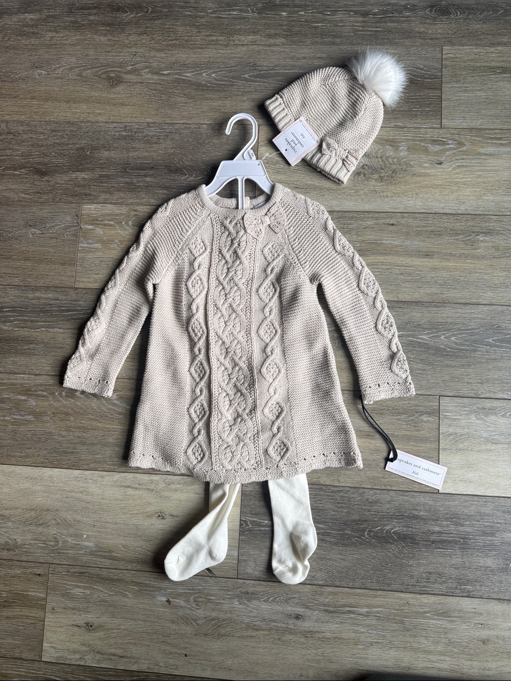 cupcakes & cashmere Beige Cable Knit Dress with Pom Pom Hat
